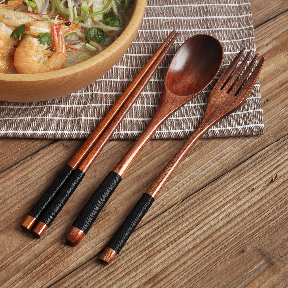 Tableware Natural Wood Spoon Chopsticks Fork Portable Dinnerware Grain Household Kitchen Cutlery Set 3 Pieces
