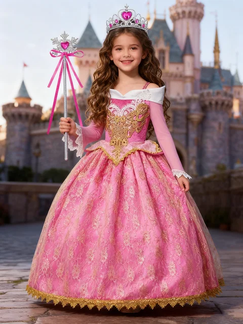 Fille Aurora robe de princesse enfants luxueux Cosplay Costume Rose Rose Briar Rose tenue enfants carnaval fête d'anniversaire vêtements 1