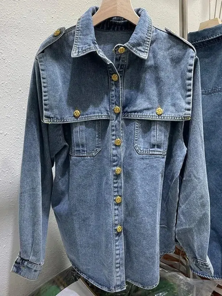 

Spring Fall Button Design Denim Blouse British Style Women Jean Shirts Long Sleeves Cowboy Blouse 2023 Fashion Streetwear Top