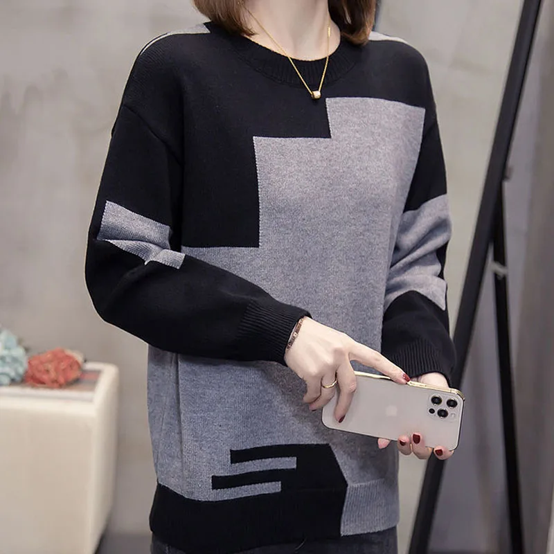 Autumn Casual Long Sleeve Faux Two Piece Color Matching Knitted round Neck Sweatshirt main image 1