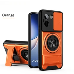 360° Rotating Magnetic Phone Case with Lens Protection and Push Window Bracket, Magsafe - Compatible Protective Cover for Vivo T5 Pro 5G (Orange)