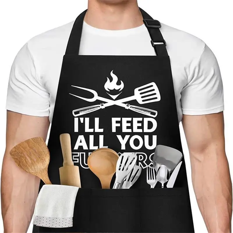 

Fashion Interesting LOGO Printed Kitchen Apron Man BBQ House Cooking Chef Pockets Restaurant Unique Birthday Adjustable Apron