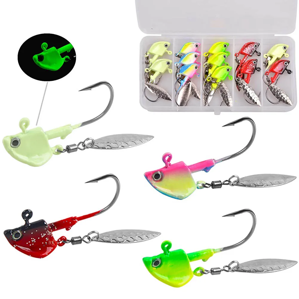 12Pcs Jig head Fishing bait kit 7g 10g 14g with Spinner blade 3D eyes salt  Worm Jig hook Walleye Bass Trout Jigging fishing Rig