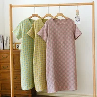 2026 New Summer Short Sleeve Sleeping Skirt 100% Cotton Yarn Weaving Jacquard Loose Pullover Mid length Plaid Skirt Home Dress