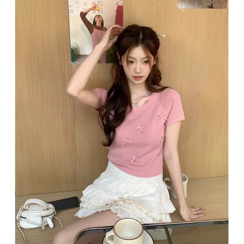 

Sweet Spice Bow Short Sleeve T-Shirt Women's Summer French Chic Pink Bodycon Tight Short Inside Tops