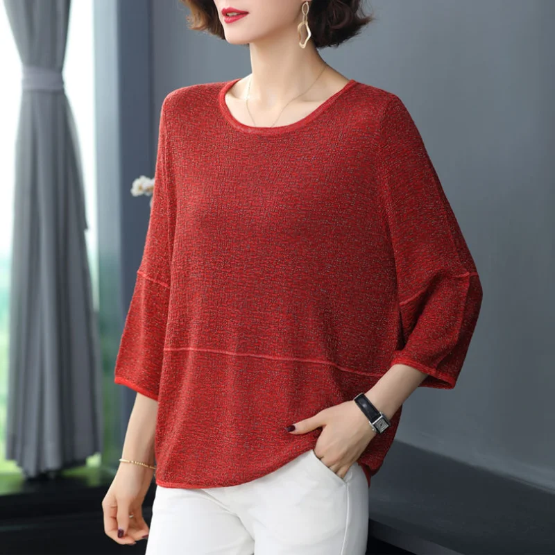 Oversize Versatile Temperament Women's Clothing 2023 Summer New Round Neck 3/4 Sleeve Solid Color Simplicity Commuter Pullover