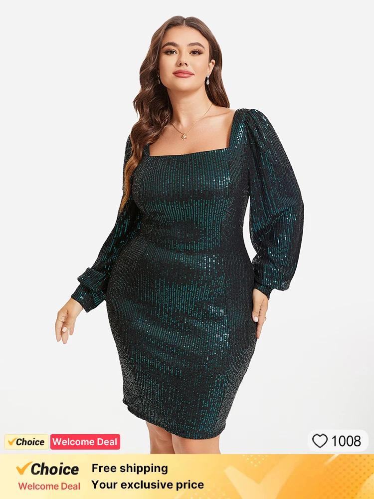 

Plus Sized Clothing Dark Green Square Neck Puff Sleeve Sequin Dress Sexy Party Wedding Large Female Evening Short Dress