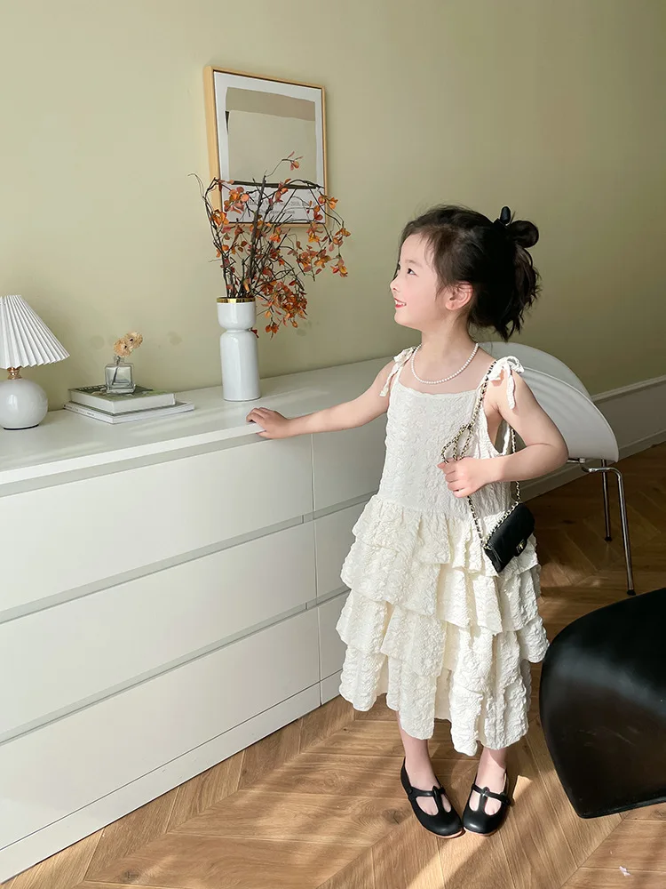 Girls Summer New Casual Cool Fairy Cake Dress Strap Dresses Children's Clothing Lightweight Breathable Gown for Kids Age -18 - 4