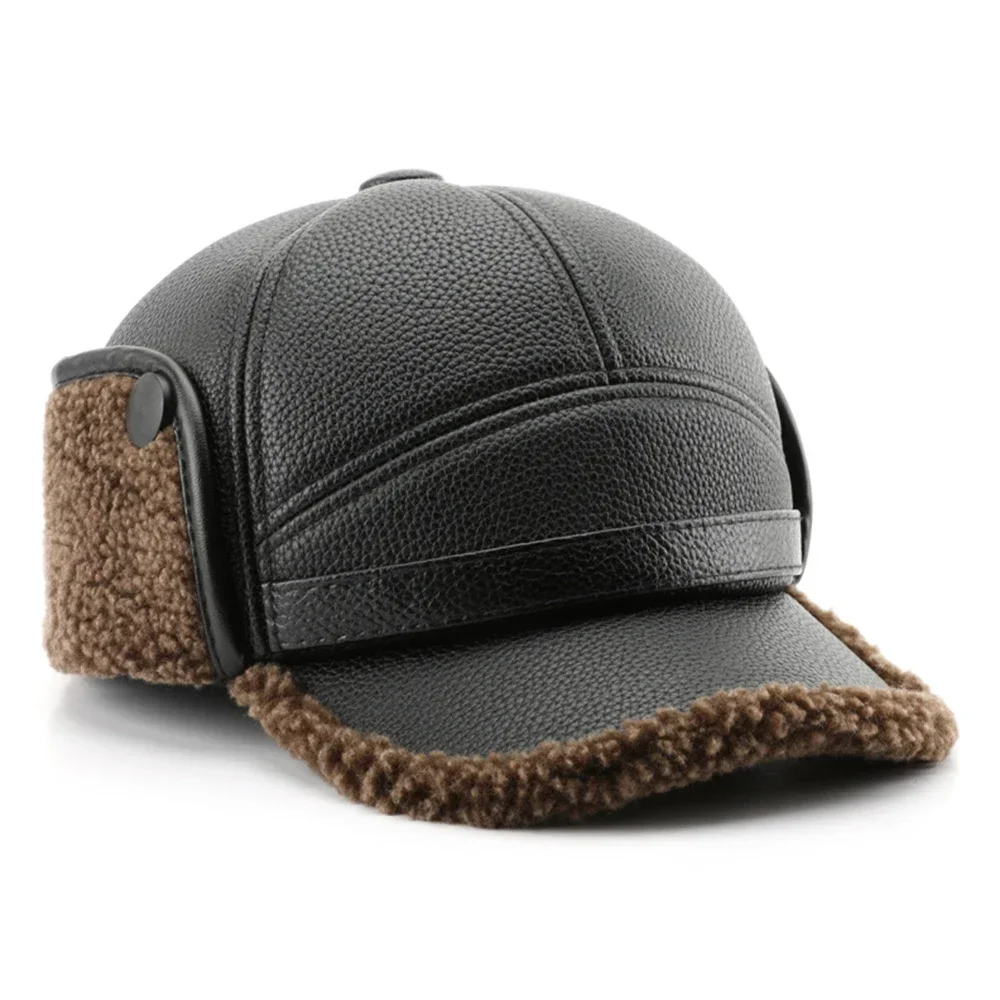 

Winter Plus Velvet Baseball Cap for Men Women Warm Ear Protection Dad Grandpa Hat Black Brown PU Leather Earflaps Caps Bone