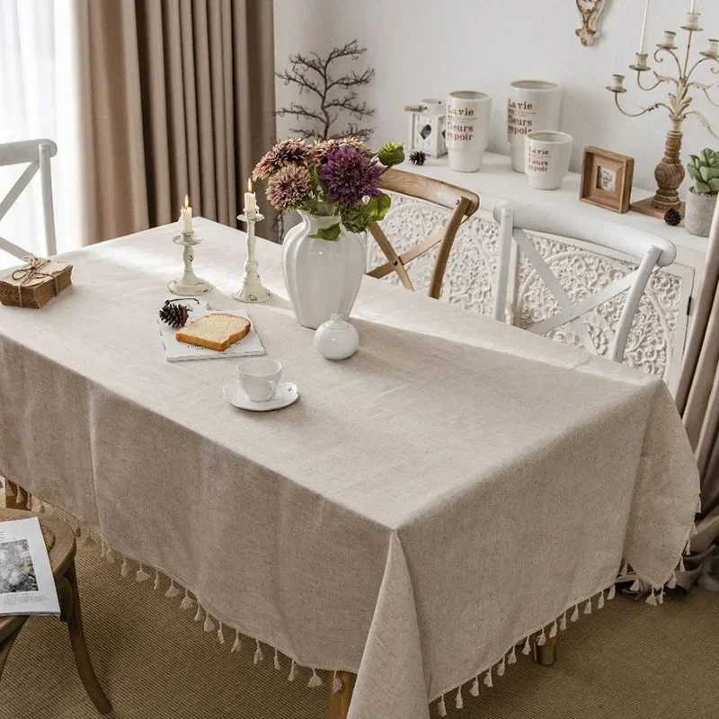 

Solid Cotton Linen Tablecloth with Tassels Rectangle Table Cloth Cover for Kitchen Dining Home Hotel Decoration
