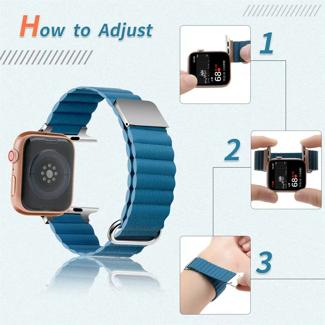 Magnetic Loop Bracelet For Apple Watch 7 45mm 41mm Leather Metal Stainless Steel band For iWatch 6 5 4 3 SE 44mm 42mm 40mm 38mm