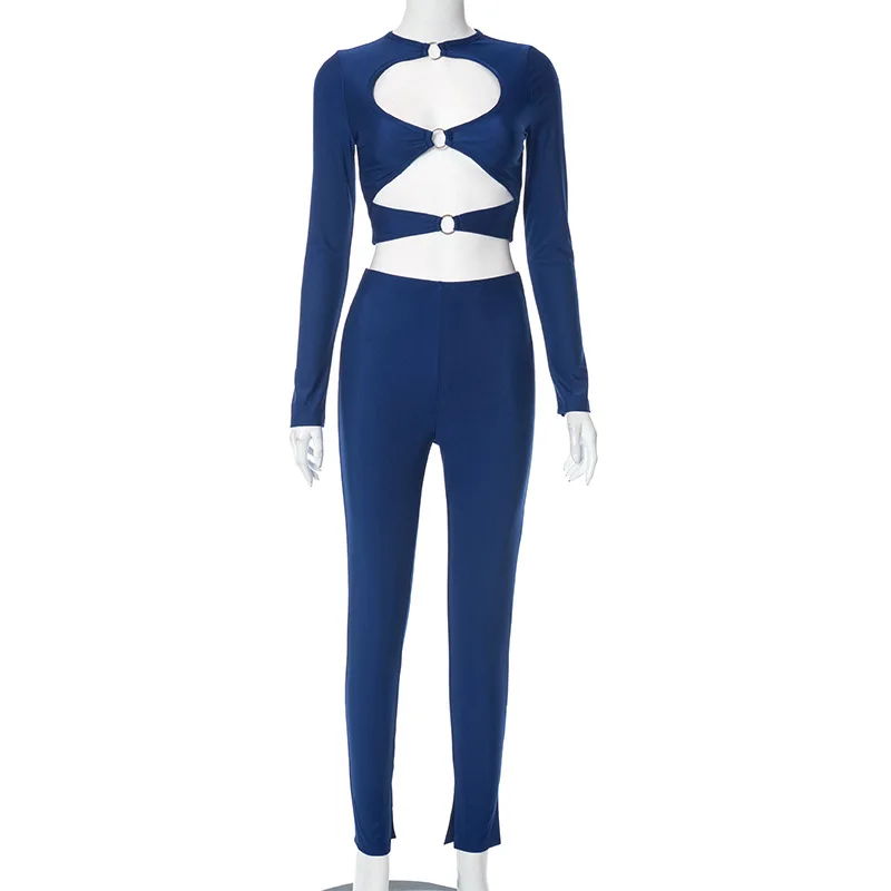 Sexy Hollow Out Two Pieces Set Fall Winter Long Sleeve Crop Top Pencil Pants Suits Night Club Party Women Clothings Female Set