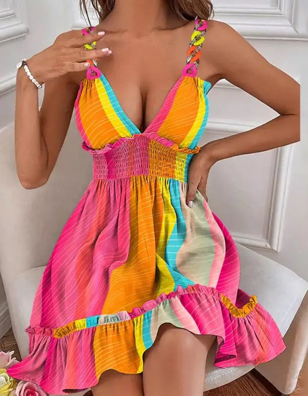 

Elegant Women Dresses Rainbow Stripe Print Shirred Chain Strap Dress 2024 Early Spring V-Neck Sleeveless Ruffles Mini Dress