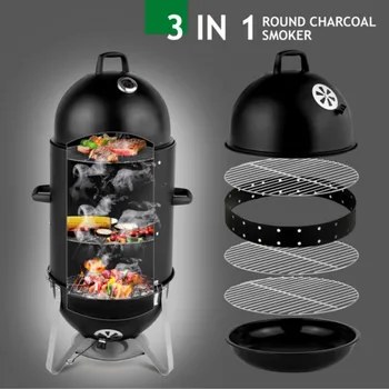 Vertical Steel Charcoal Smoker, Heavy Duty Three Layer Round BBQ Grill Smokey Mountain Cooker for Outdoor Cooking 5