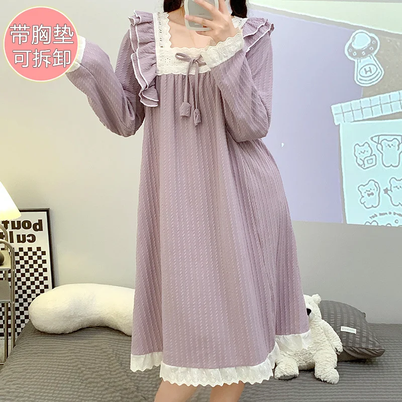 Spring Autumn Women's Long Sleeve Nightgown Dress Loose Lace Solid Pajamas Skirt With Chest Pad Sweet Medium Skirt