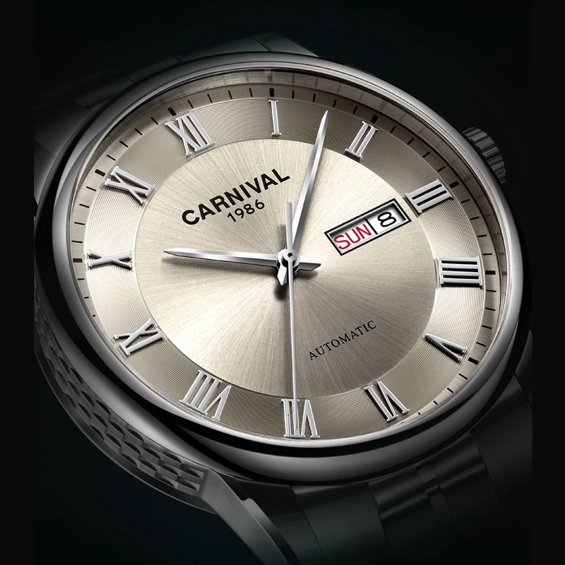 CARNIVAL Watch For Men Luxury Rome Time Automatic Mechanical Watches Gray Dial Date Business Men's Watch  Relogio Masculino