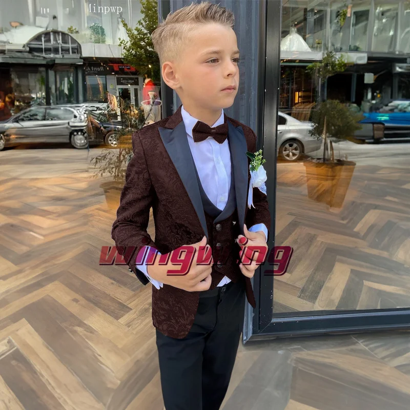 Royal Blue Floral Suit for Boys Wedding Dress Four Piece Jacket Pant Vest Bow Tie Formal Blazer Kids Tailor