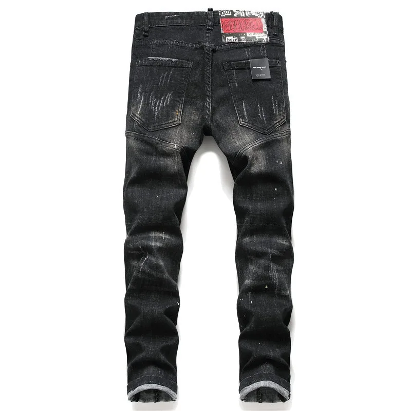 Four Seasons Can Wear New Tattered Paint Feet Pants Men's Slim Patch Stretch Jeans Black Tight Beggar Pants 3