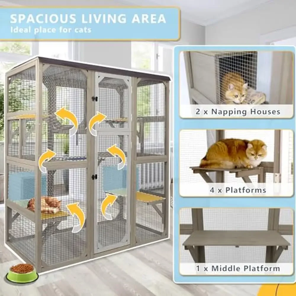 Outdoor Cat Enclosure House Cage Condo Playpen with Multi Platforms Waterproof Shelter Spacious Climbing Sunbathing Sturdy