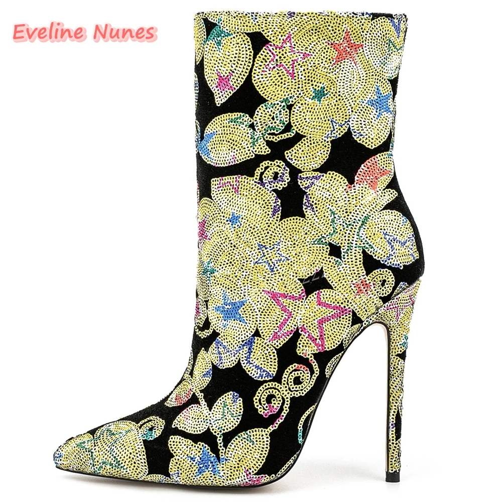 

Sequin Pointed Toe Luxury Ankle Boots Women's Mixed Colors Thin High Heel Side Zipper Fashion Show Party Custom Stiletto Shoes
