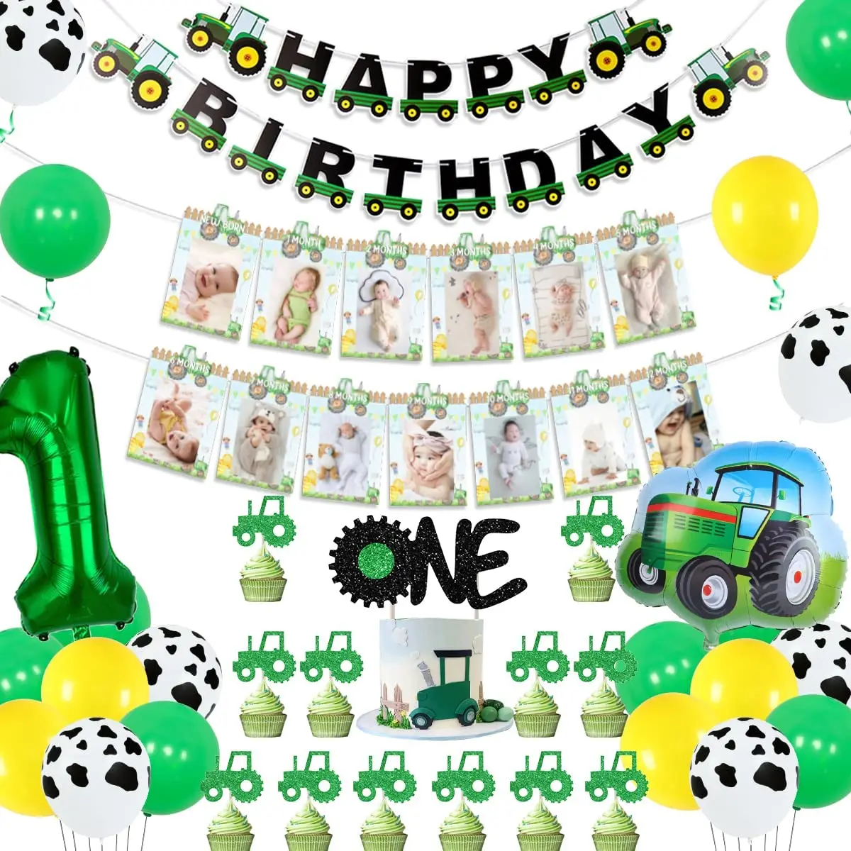 

Tractor First Birthday Decorations for Boys Farm Green Tractor 1st Birthday Photo Banner Cake Toppers Tractor Number 1 Balloons