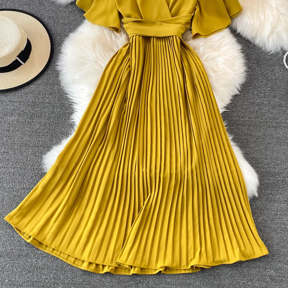 Women Elegant Pleated Dress Summer Short Sleeve V-neck Vintage Dresses Ladies A Line High Waisted Midi Dress