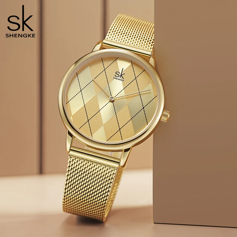 SHENGKE – montre-bracelet à Quartz pour femmes, Design Original, en acier inoxydable doré, à la mode, cadeaux pour dames