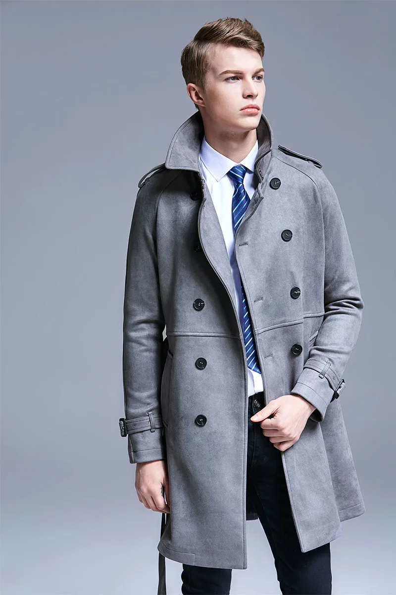 Autumn Winter Simple British Trend Deerskin Windbreaker Men Double Breasted Loose Overcoat Europe Youth Medium Length Wind Coat