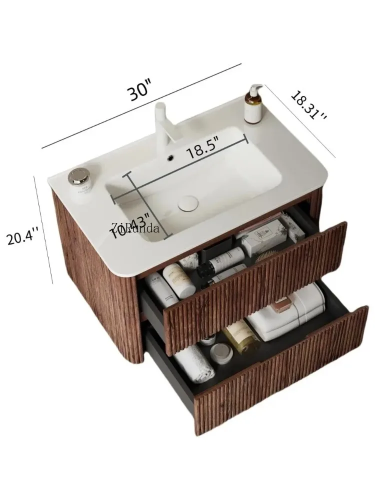 30" floating bathrobe with washbasin, 2 wall-mounted drawers, Vintage wooden striped bathtub