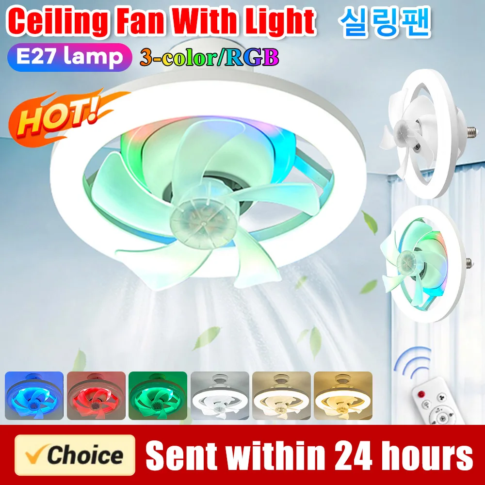 Ceiling Fan LED Lamp with E27 Base 3 Speed Socket Fan Lamp 3 Colors Dimmable/RGB Dimmable Low Profile Ceiling Fan Remote Control