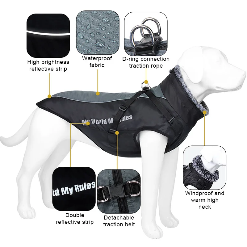 Warmth Dog Cotton Clothes Collar De Felpa Plegable Dogs Cotton Coat for Medium Large Dogs Waterproof Reflective Dog Puffer Coats