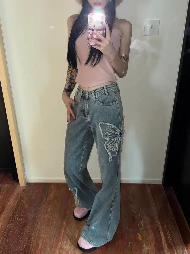 

HOUZHOU Y2k Flare Jeans Women Vintage Grunge Gyaru Blue Denim Trousers Baggy Harajuku Acubi Fashion Korean Streetwear Denim Pant