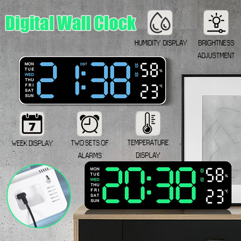 Large Digital Wall Clock Temperature Date Week Timing Countdown Light-sensing Table Clock 2 Alarm 12/24H LED Alarm Clock