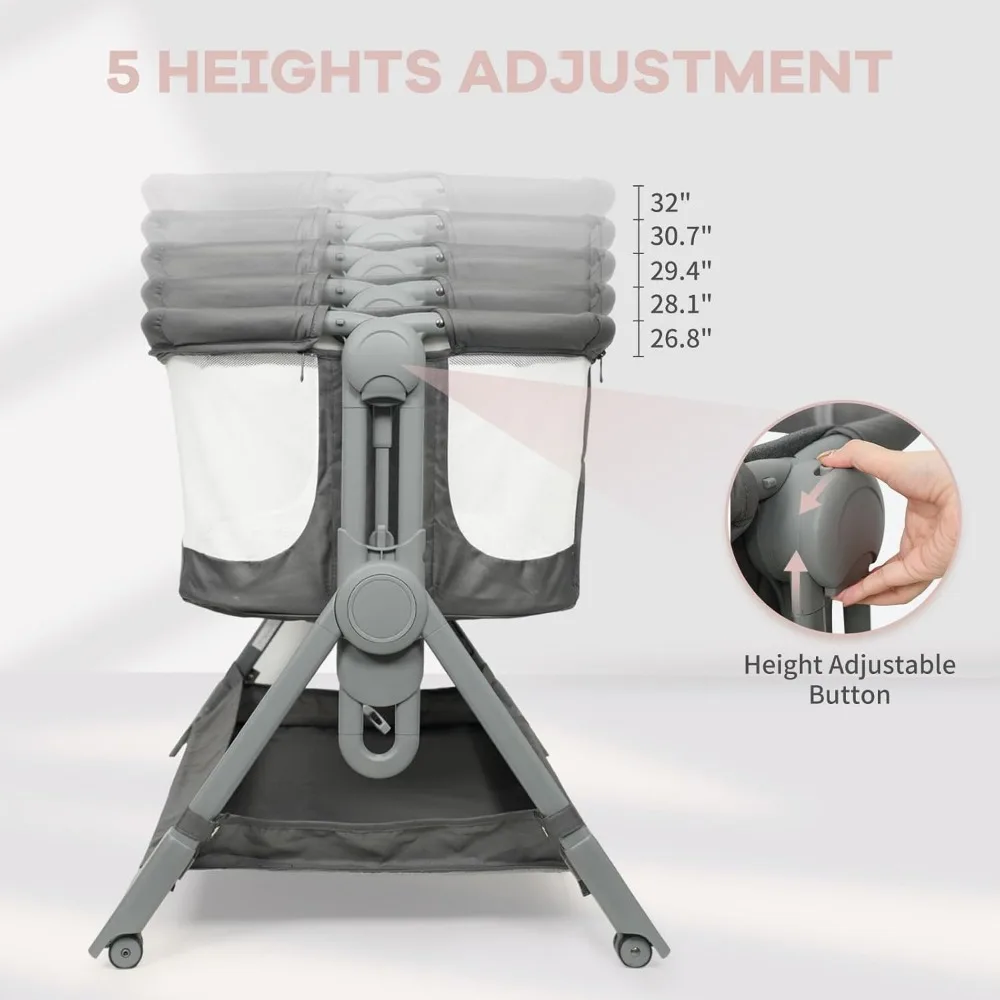 Baby Bassinet Bedside Crib, 5 Height Adjustable Bedside Crib, Newborn Portable Bassinet with Wheels, U-Shaped Diaper Table 4