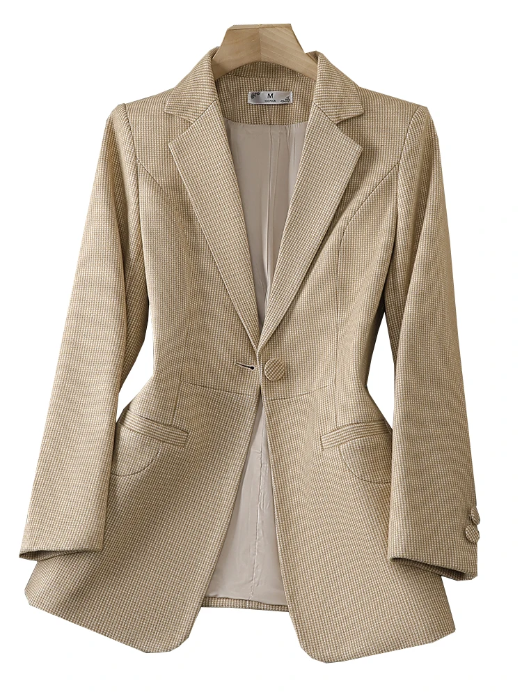 

Blue Pink Khaki Women Formal Blazer Ladies Female Long Sleeve Single Button Jacket Coat