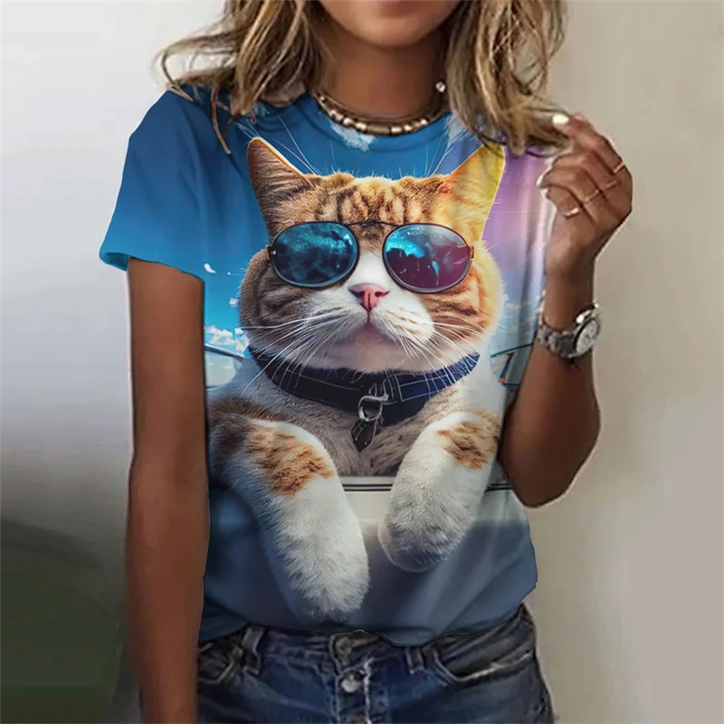 

Летняя Новинка, футболка в стиле Харадзюку С 3D рисунком милых животных, кошек для женщин, модная женская футболка, смешные Топы с коротким рукавом