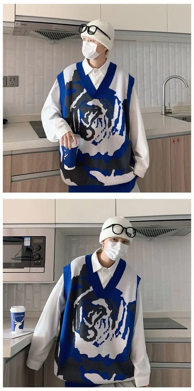 Description Picture 2 of itemSweater Vest Men Thicken V-neck Sleeveless Knitted Sweaters Vests Retro Preppy-style Chic Loose Casual All-match 2023 C26