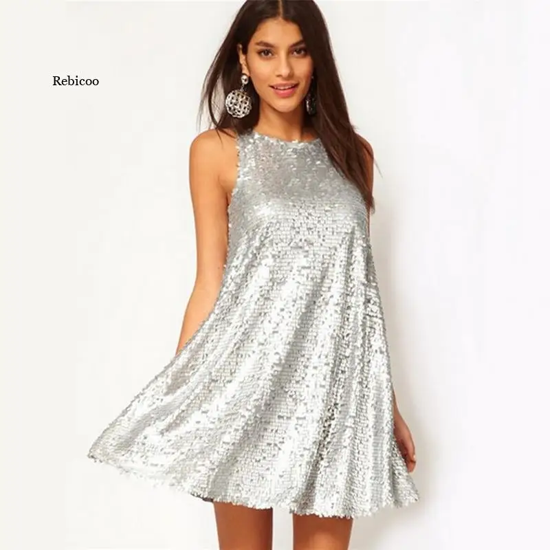 

Silver Bling Sequin Dress Sleeveless Party Night Club Shiny Summer Women Clothing Casual Femininos