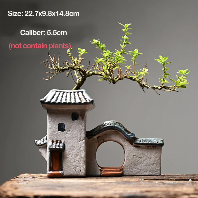 Chinese Antique House Retro Building Ceramic Flower Pot