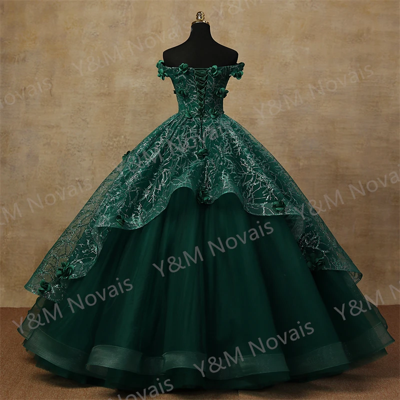 3D Flowers Custonized Glittering Luxury Appliques Quinceanera Dresses Off Shoulder Birthday Party Ball Gown Vestidos de 15 a&ntilde;os