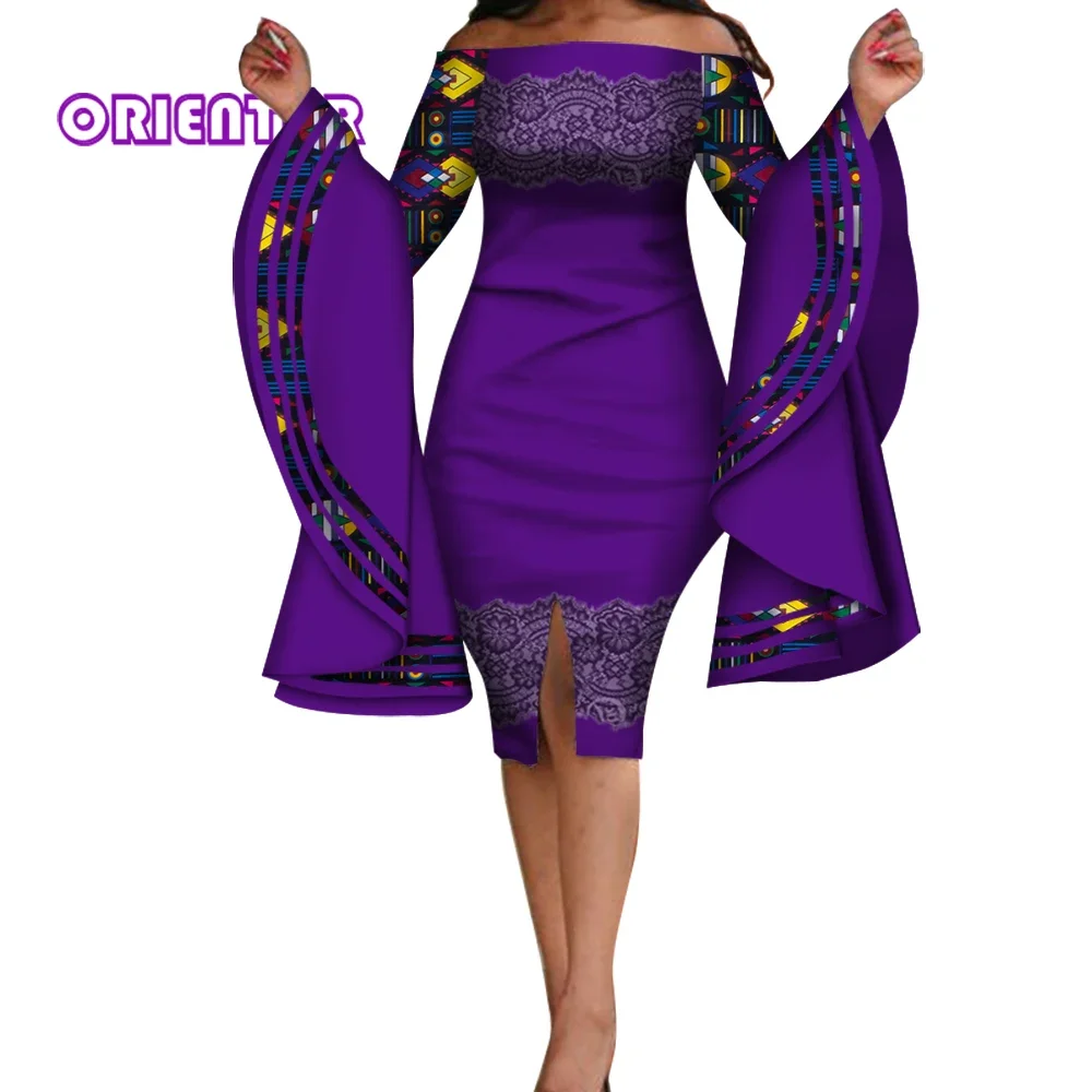 Big Flare Sleeve Ankara Dress Women Slash Neck Bodycon Evening Dresses African Clothing Bazin Riche Knee Length Dress WY3744