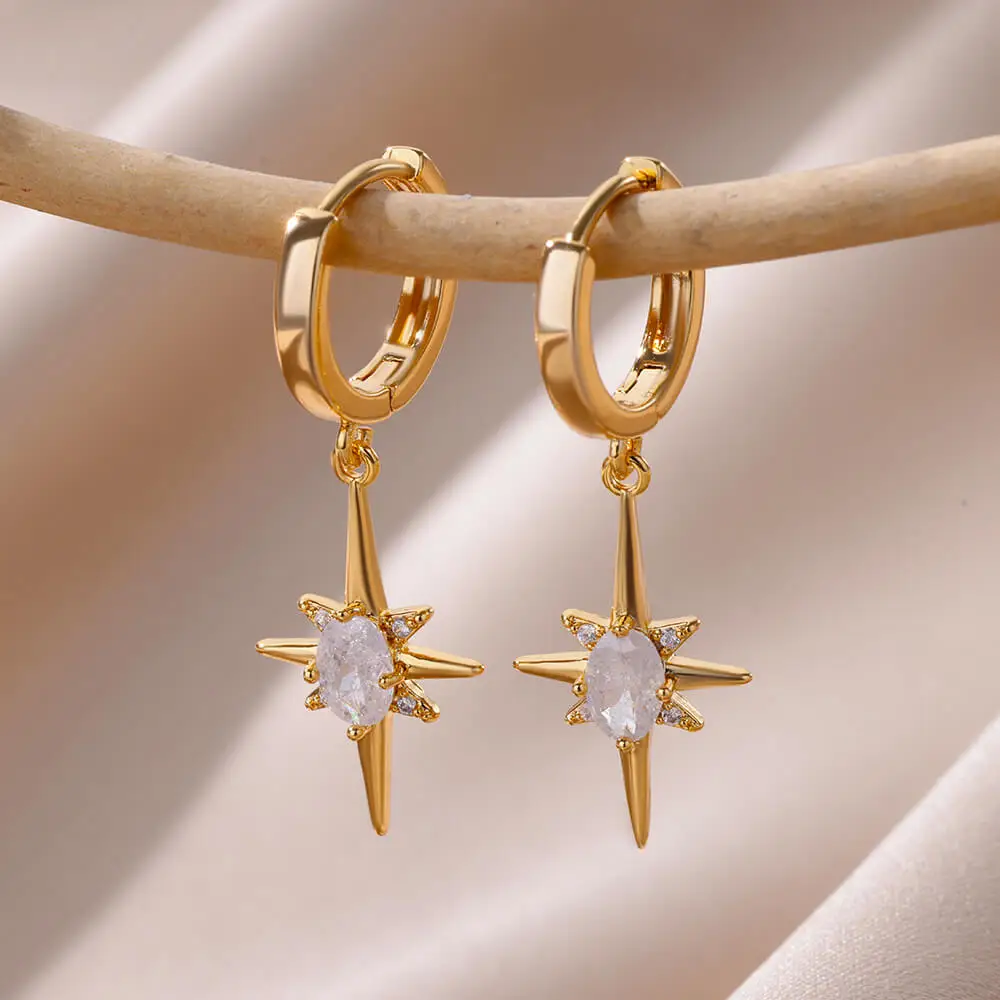 Zircon Point Star Crystal Earrings for Women 18K Gold Plated Stainless Steel