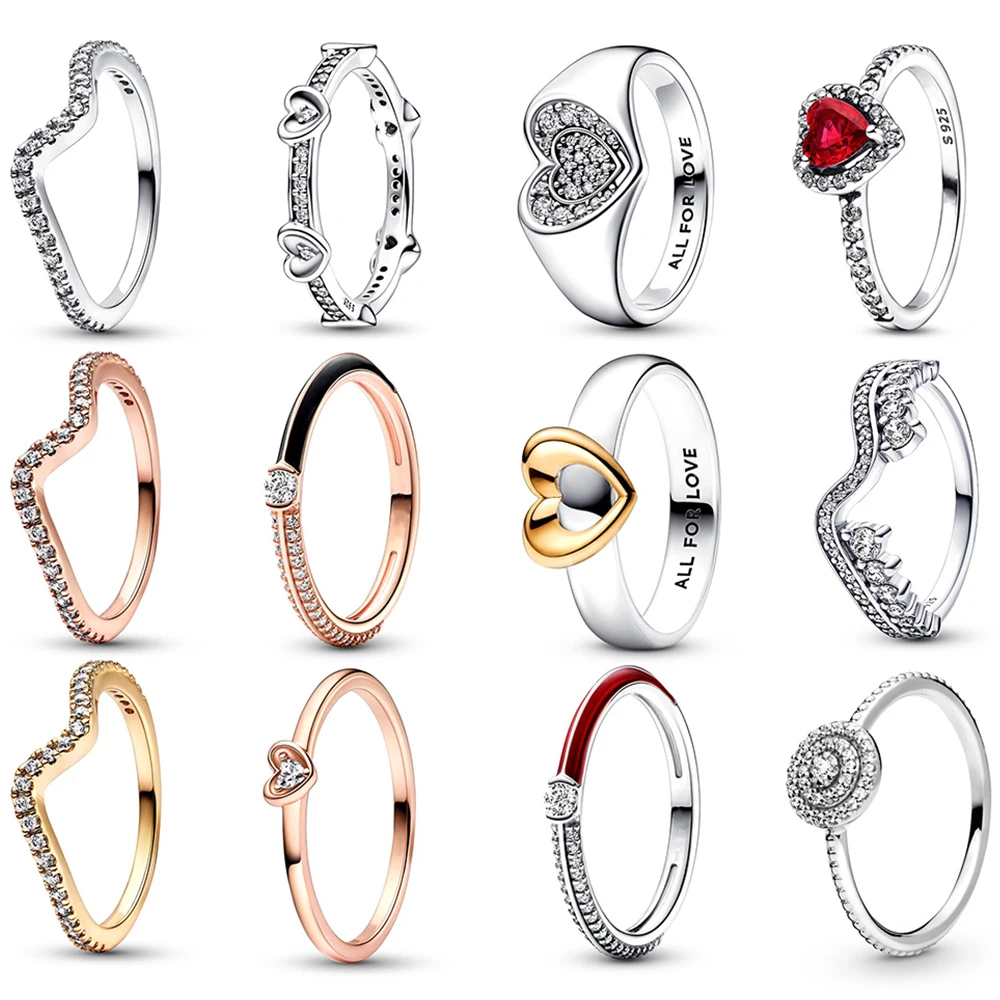 

New High Quality 925 Sterling Silver Pan Radiant Heart Pavé Signet Ring Sparkling Wave ME Pavé & Red Dual Ring DIY Gift