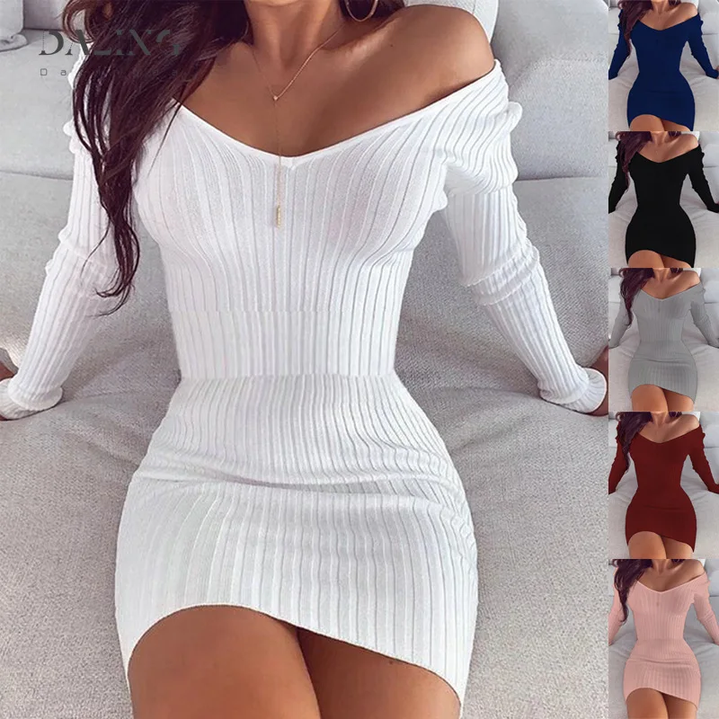 

Sexy Club Off Shoulder Long Sleeve Bodycon Dress For Women 2020 Winter White Knitted Sweater Mini Woman Dresses Robe Femme