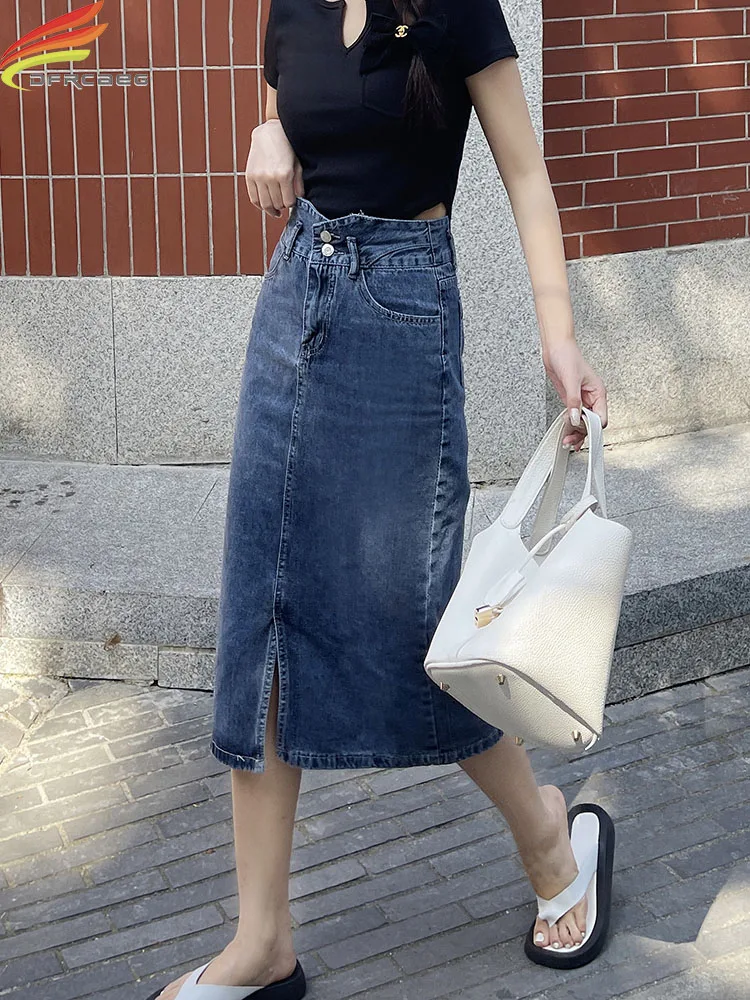 

DFRCAEG 2022 New Summer Long Denim Skirt Women Blue Color High Waist Slit Jean Skirts Korean Fashion Streetwear Maxi Jupe Femme