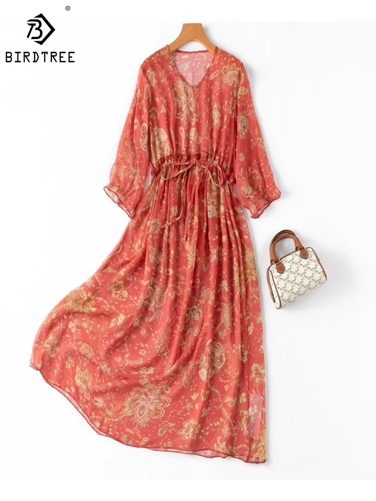 

Birdtree 100%Mulberry Silk Sexy Dress V-neck See-through Red Floral Print Vacation Gentle A-line Dresses Party Skirt D30625QM