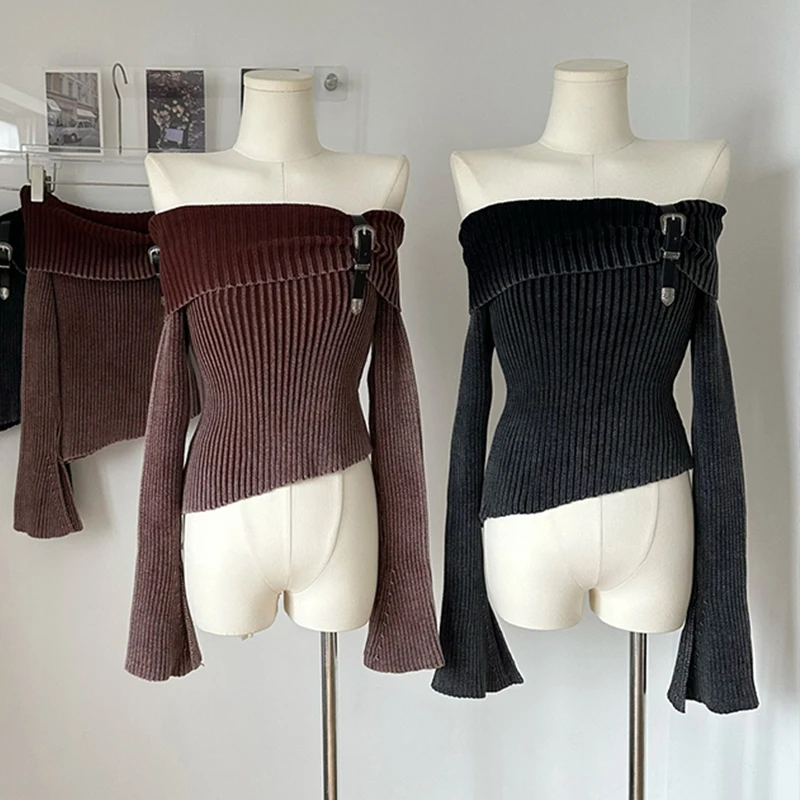 S2fa1b7bbf15f47e5854ed5430ed7cc27P Fashion Simple Classical Knitted Sweater Slash Neck Off Shoulder Long Sleeve Pullovers Flare Sleeve Autumn Winter Y2K Streetwear Mallzona