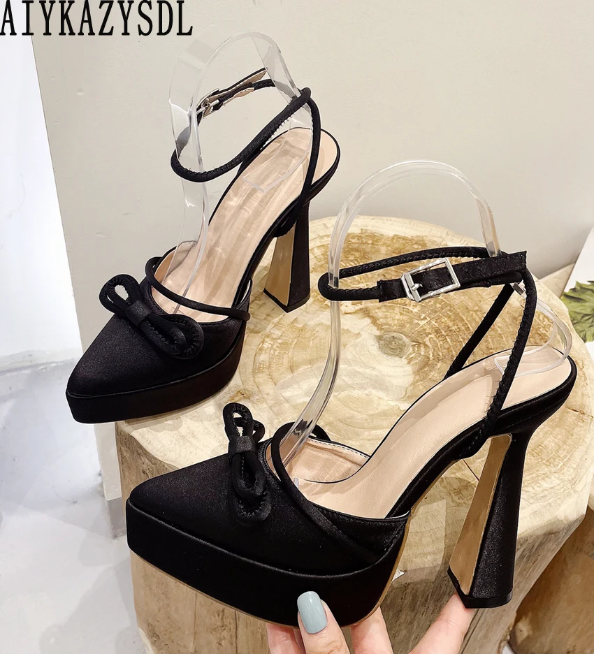 AIYKAZYSDL Ultra Extreme High Heel Pointed Toe Pumps Ankle Strap Bow knot Butterfly-Knot Satin Silk Sandals Block Heel Shoes