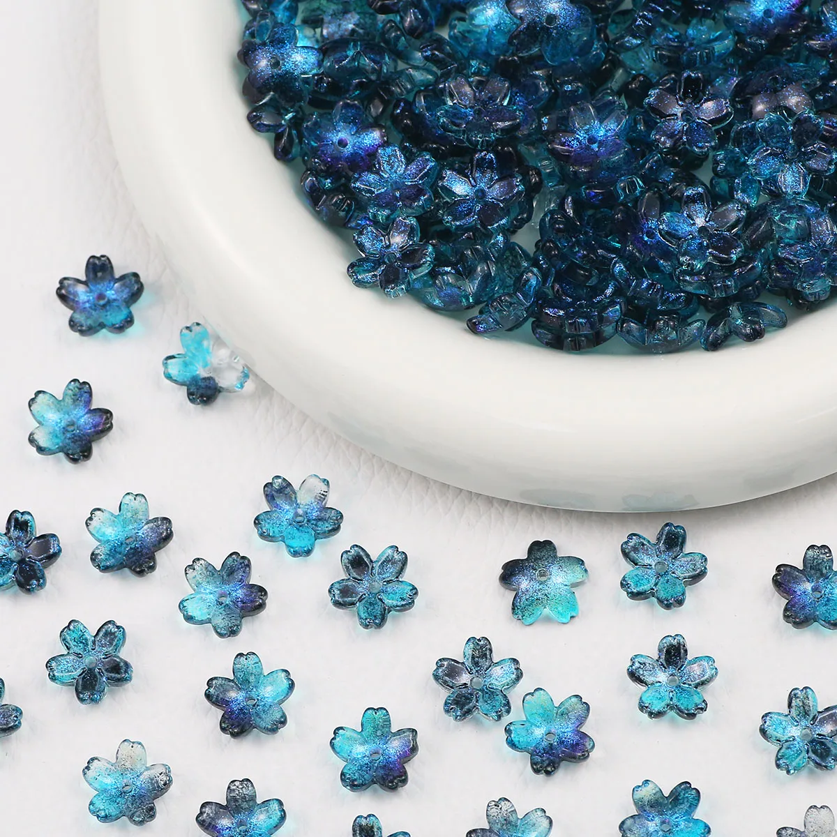 Handcrafted Cherry Blossom Glass Beads – 12mm, Blue Hole Accents, DIY Jewelry Making Supplies