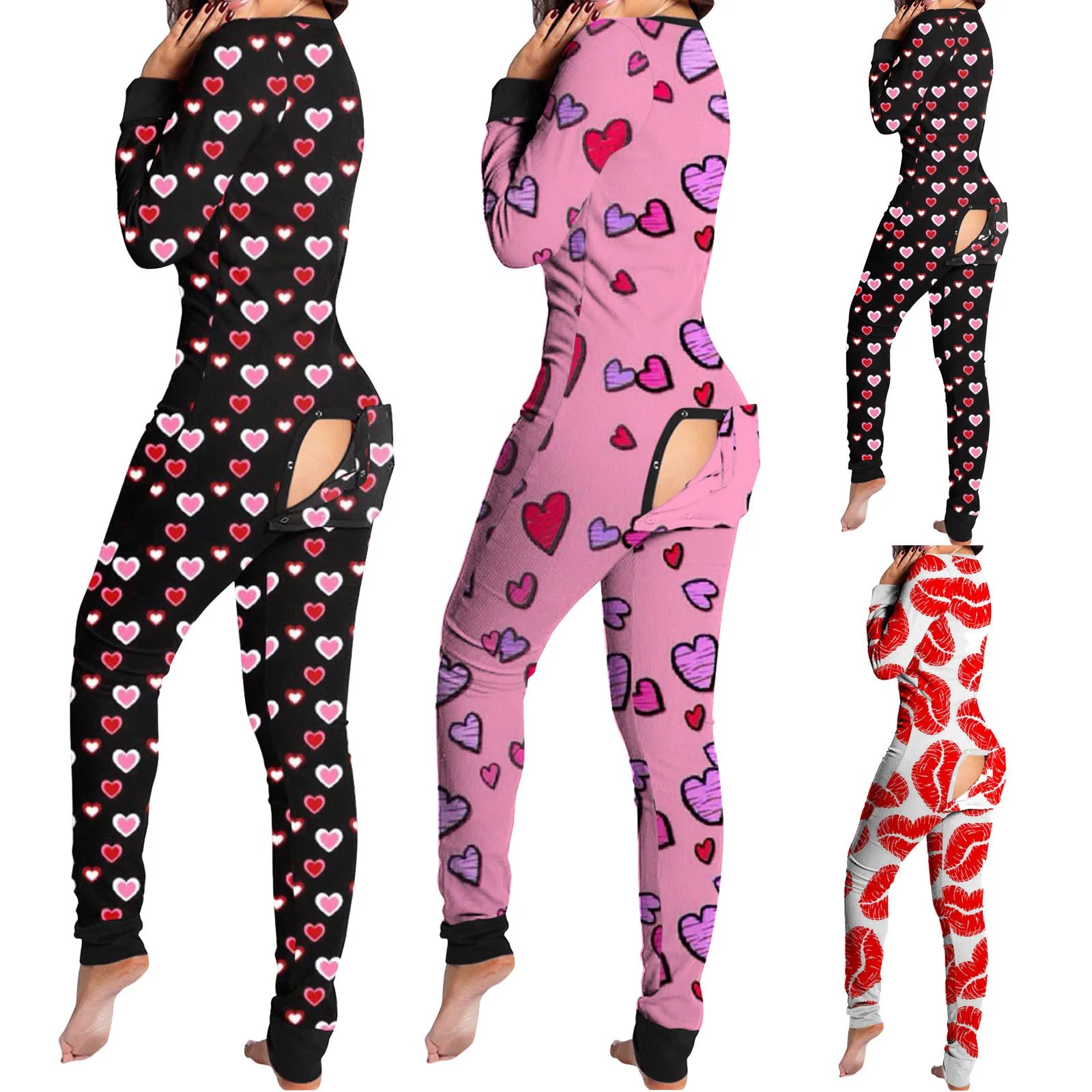 Sexy Women Pajamas Onesies Button-down Buttoned Flap Adults Pyjama Autumn Long Sleeve V-neck Jumpsuit Female Bodysuit Sleepwear